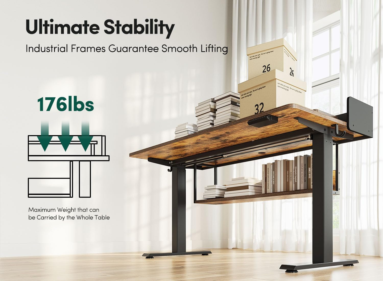 55" Electric Height Adjustable Standing Desk with Double Shelves, 55 X 24 Inch Home Office Desk with Monitor Stand and Storage, Sit Stand Rising Desk, Rustic