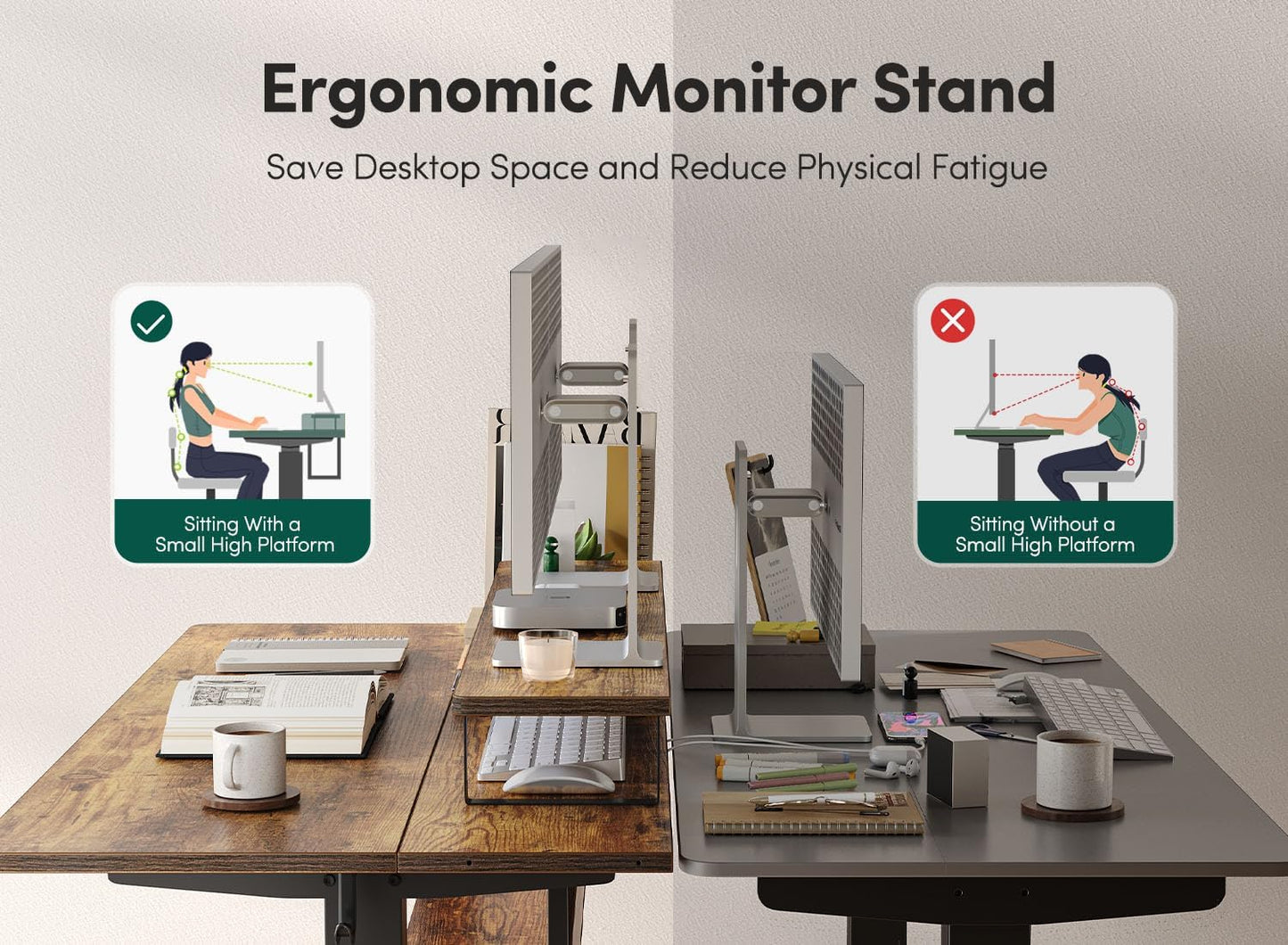 55" Electric Height Adjustable Standing Desk with Double Shelves, 55 X 24 Inch Home Office Desk with Monitor Stand and Storage, Sit Stand Rising Desk, Rustic