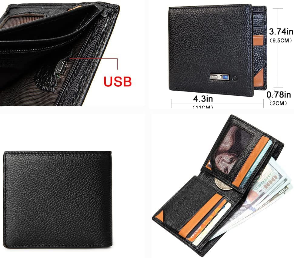 Smart Anti-Lost Bluetooth Tracker Wallet , Position Record (Via Phone GPS), Bifold Cowhide Leather Men'S Wallets (Black)