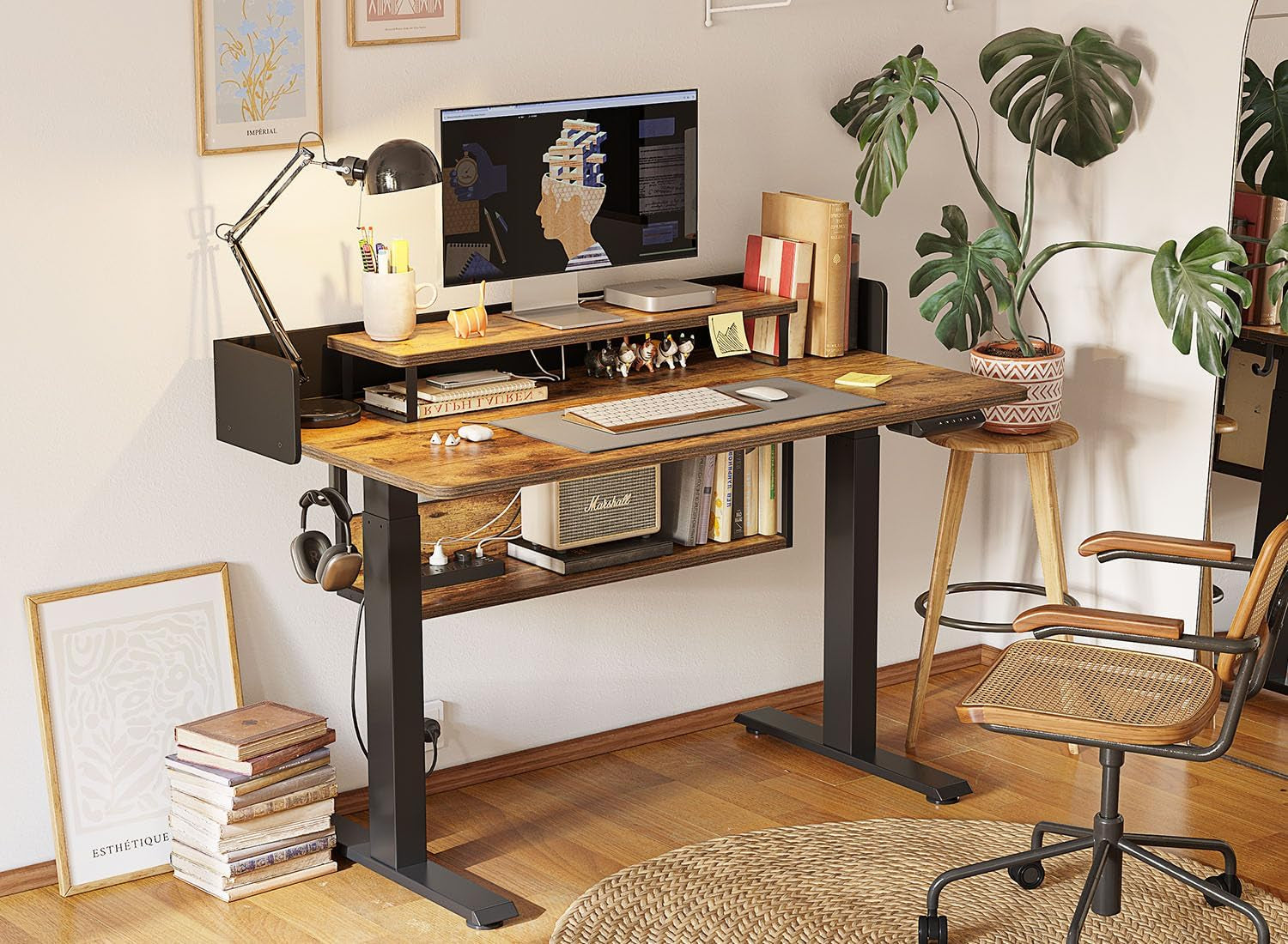 55" Electric Height Adjustable Standing Desk with Double Shelves, 55 X 24 Inch Home Office Desk with Monitor Stand and Storage, Sit Stand Rising Desk, Rustic