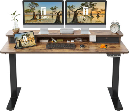 Height Adjustable Electric Standing Desk with Double Drawer, 55 X 24 Inch Stand up Table with Storage Shelf, Sit Stand Desk with Splice Board, Black Frame/Rustic Brown Top