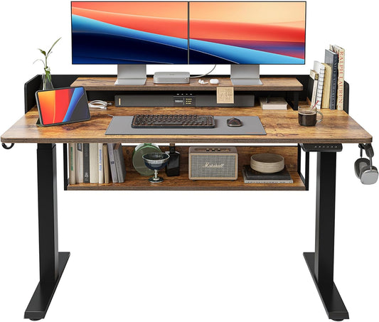 55" Electric Height Adjustable Standing Desk with Double Shelves, 55 X 24 Inch Home Office Desk with Monitor Stand and Storage, Sit Stand Rising Desk, Rustic