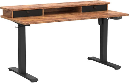 Height Adjustable Electric Standing Desk with Double Drawer, 55 X 24 Inch Stand up Table with Storage Shelf, Sit Stand Desk with Splice Board, Black Frame/Rustic Brown Top