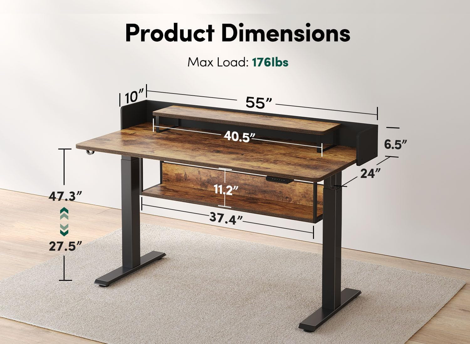 55" Electric Height Adjustable Standing Desk with Double Shelves, 55 X 24 Inch Home Office Desk with Monitor Stand and Storage, Sit Stand Rising Desk, Rustic