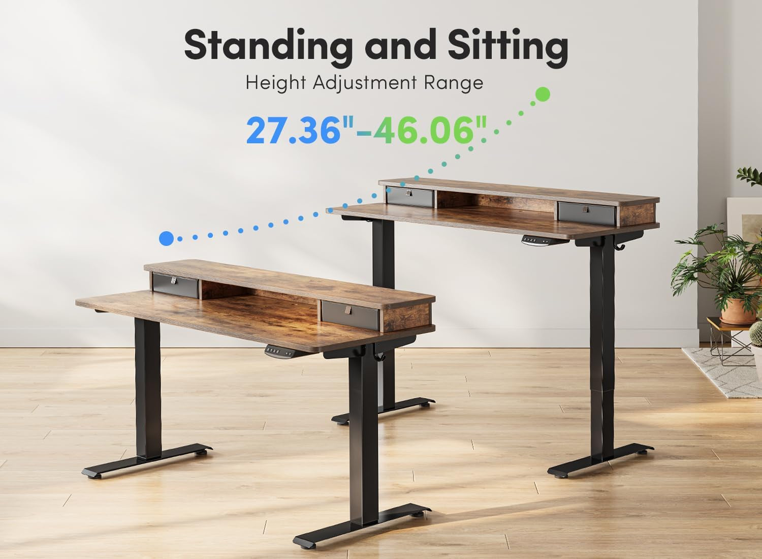 Height Adjustable Electric Standing Desk with Double Drawer, 55 X 24 Inch Stand up Table with Storage Shelf, Sit Stand Desk with Splice Board, Black Frame/Rustic Brown Top