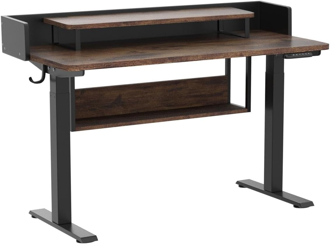 55" Electric Height Adjustable Standing Desk with Double Shelves, 55 X 24 Inch Home Office Desk with Monitor Stand and Storage, Sit Stand Rising Desk, Rustic