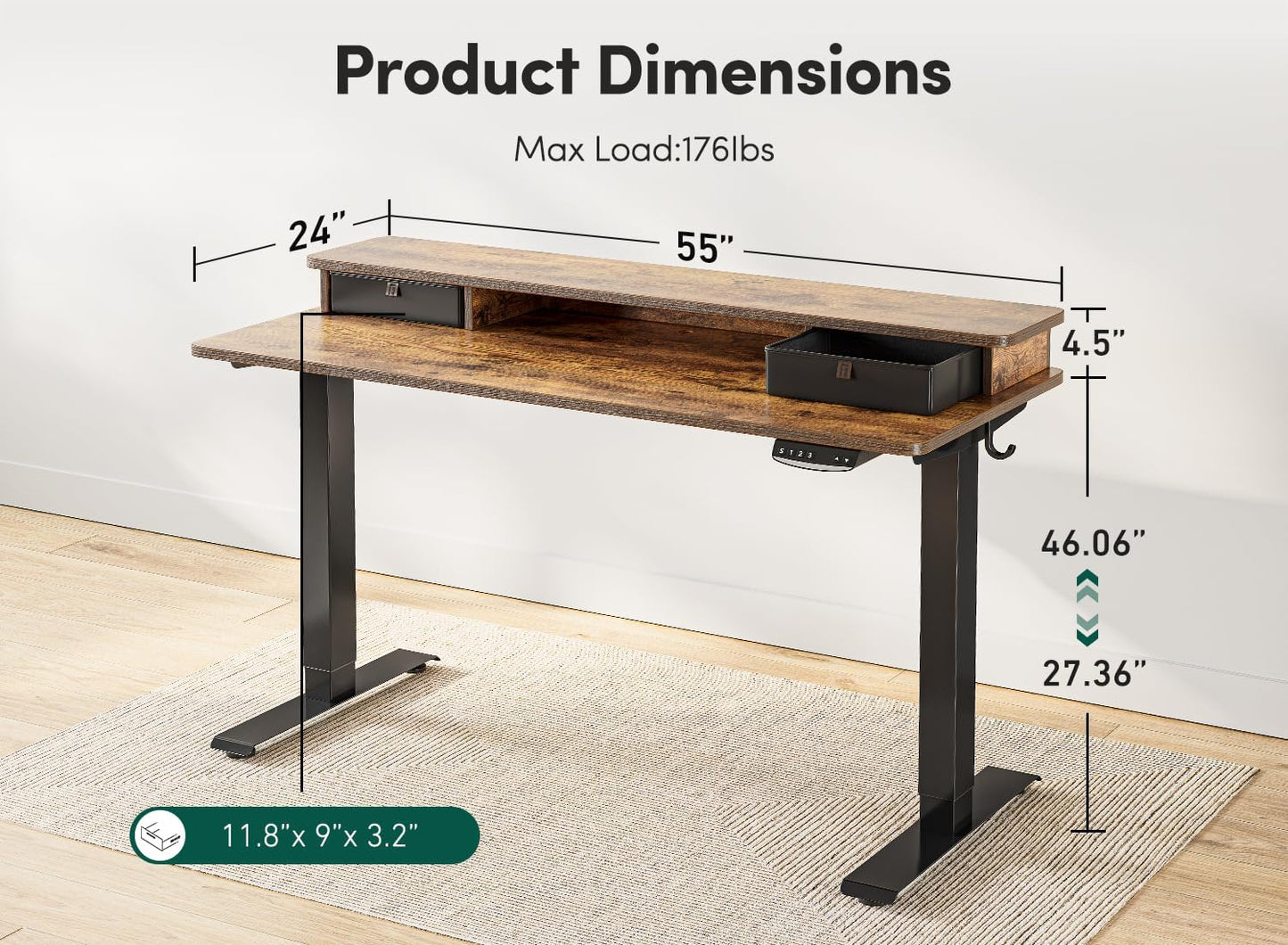 Height Adjustable Electric Standing Desk with Double Drawer, 55 X 24 Inch Stand up Table with Storage Shelf, Sit Stand Desk with Splice Board, Black Frame/Rustic Brown Top