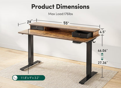 Height Adjustable Electric Standing Desk with Double Drawer, 55 X 24 Inch Stand up Table with Storage Shelf, Sit Stand Desk with Splice Board, Black Frame/Rustic Brown Top